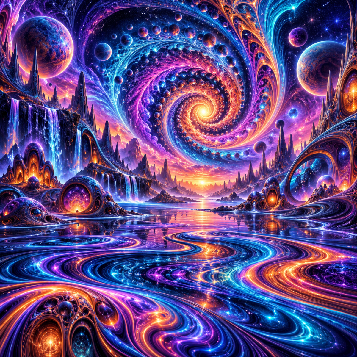 Psychedelic cosmic spiral above a surreal landscape with glowing planets and flowing violet, blue, and orange waves.